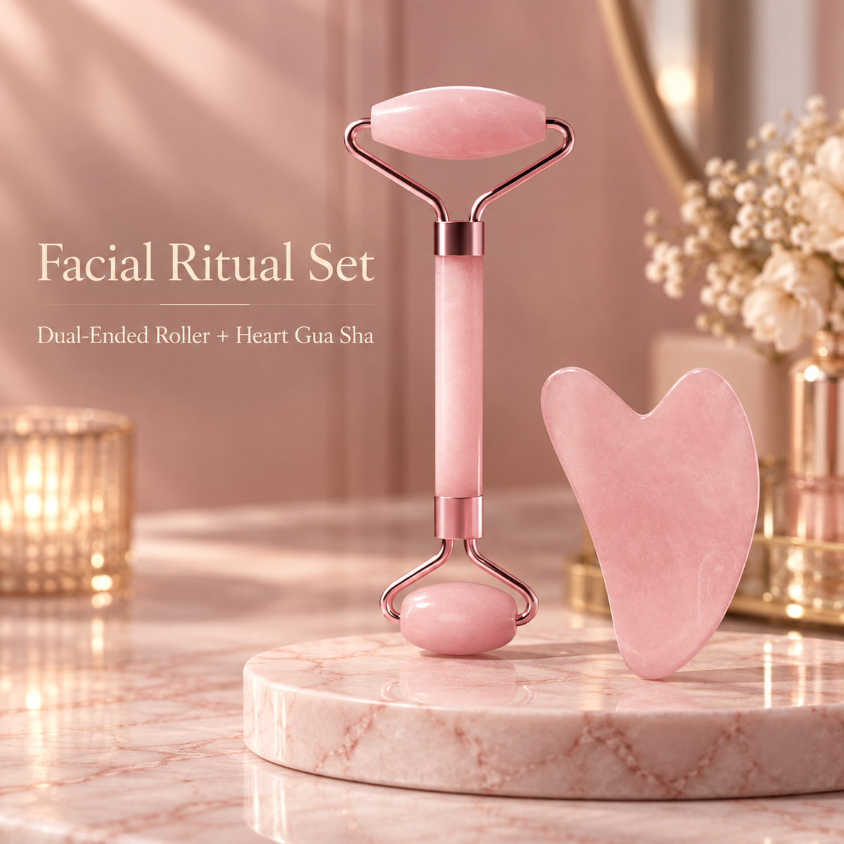 Dual-ended facial roller and heart Gua Sha set