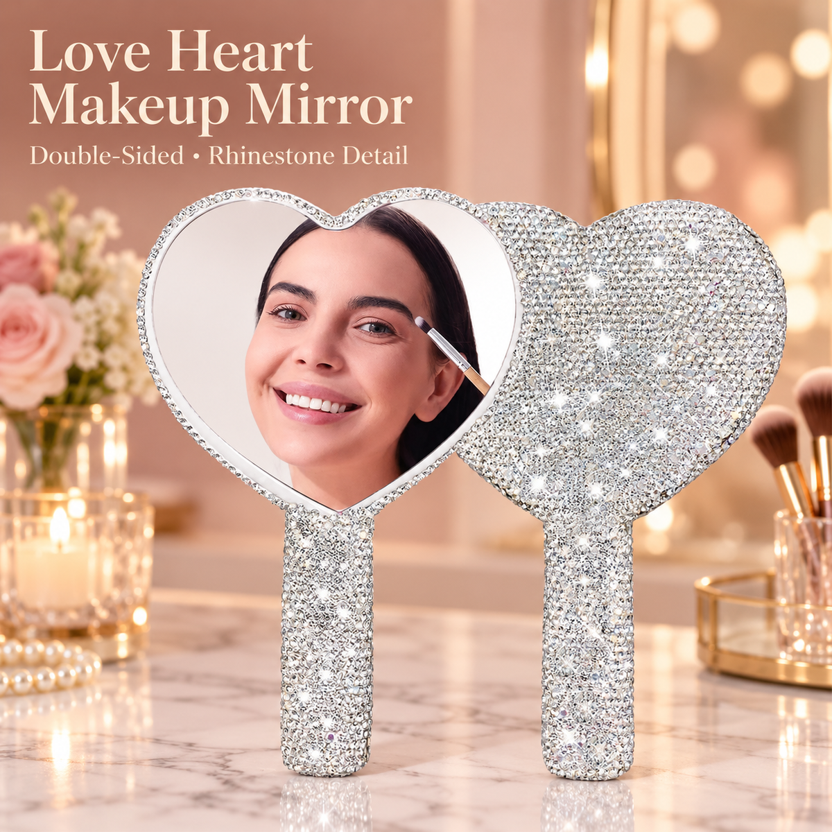 Love Heart Makeup Mirror – double-sided rhinestone detail