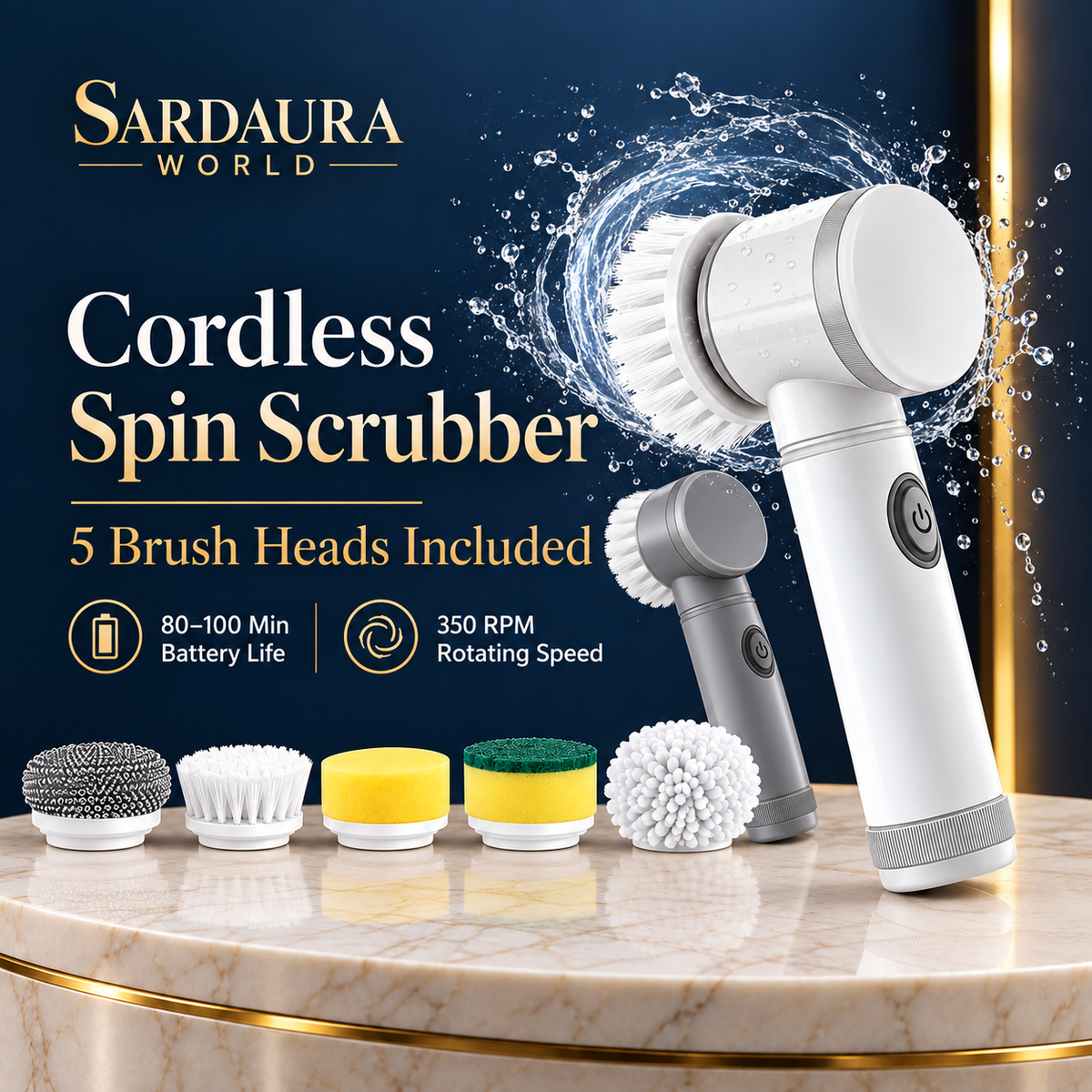 Sardaura World Cordless Electric Spin Scrubber with 5 Brush Heads